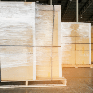 Hardwood Flooring Shipment protected, wrapped and secured to pallets