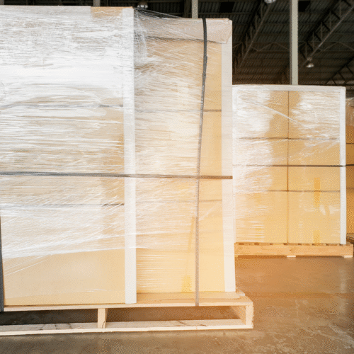 Hardwood Flooring Shipment protected, wrapped and secured to pallets